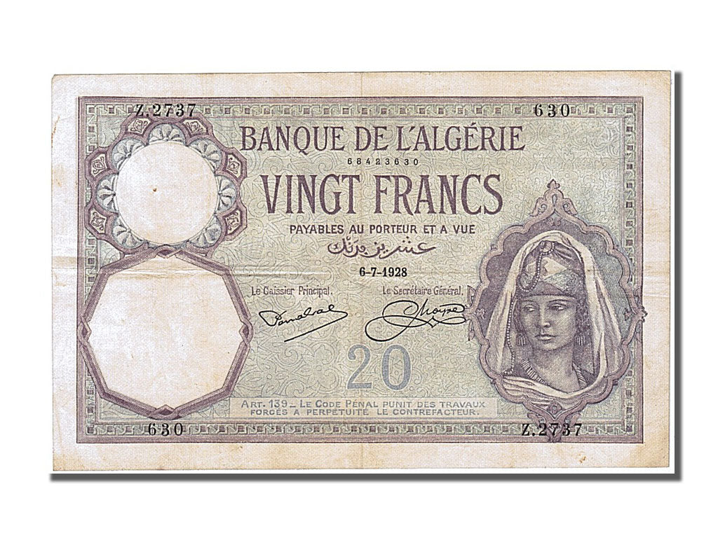bankovka,
Alžírsko,
20 frankov