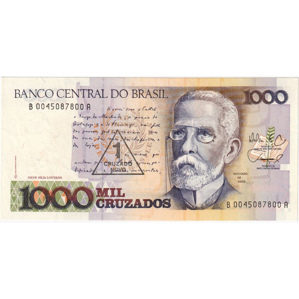 Brazília,
1 Cruzado Novo za 1 000 Cruzado,
UNC(63)