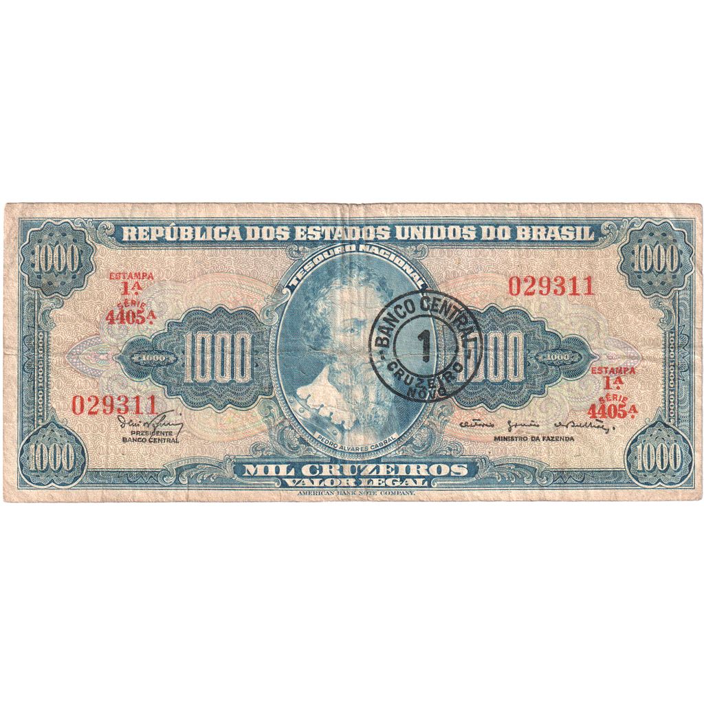 Brazília,
1 Cruzeiro Novo za 1 000 Cruzeiros,
VF (20-25)