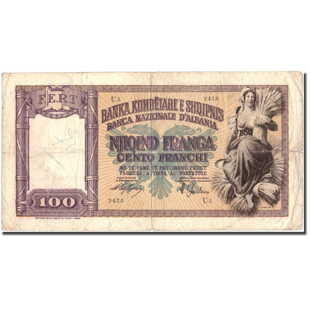bankovka,
Albánsko,
100 frankov