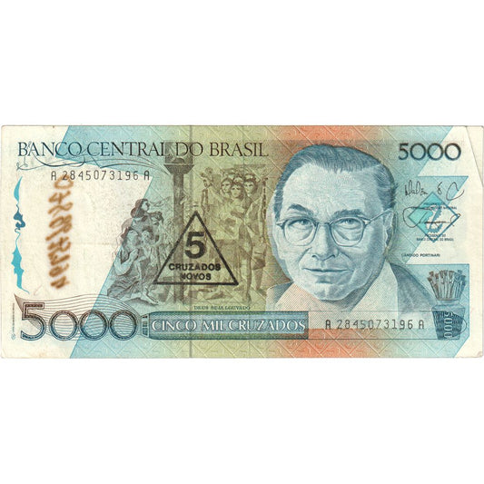 Brazília, 
  
  5 Cruzados Novos za 5 000 Cruzados, 
  
  VF (20-25)