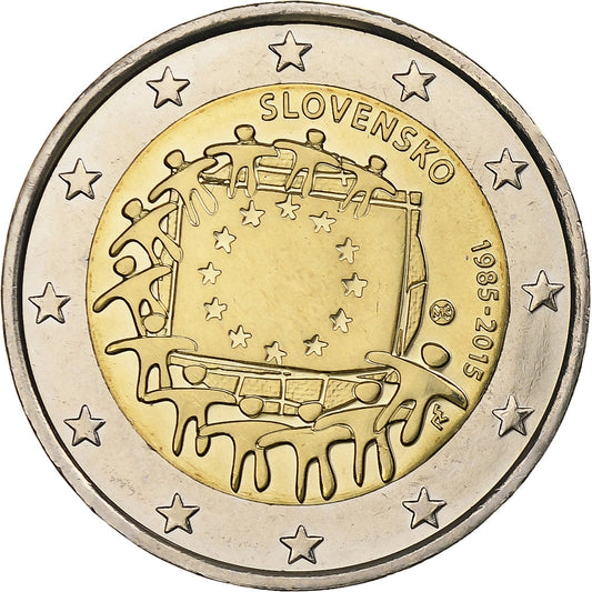 slovenský, 
  
  2 eurá, 
  
  30 rokov pred Drapeau de l'UE