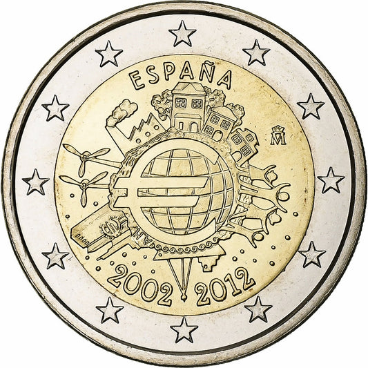 španiel, 
  
  2 eurá, 
  
  10 Jahre Euro-Bageld