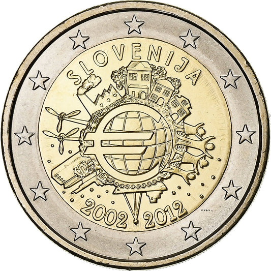 Slovinsko, 
  
  2 eurá, 
  
  10 Jahre Euro-Bageld