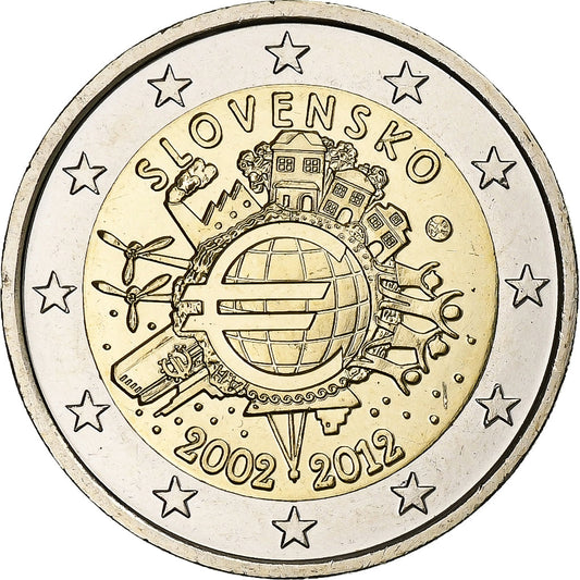 slovenský, 
  
  2 eurá, 
  
  10 Jahre Euro-Bageld