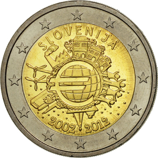 Slovinsko, 
  
  2 eurá, 
  
  10 jahre eur