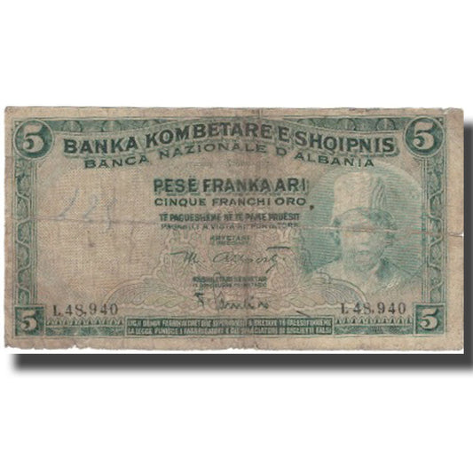 bankovka, 
  
  Albánsko, 
  
  5 Frank Ari
