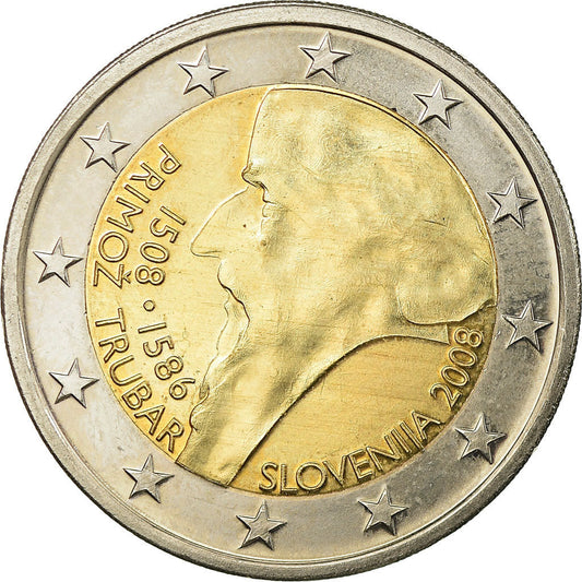 Slovinsko, 
  
  2 eurá, 
  
  500. Narodeniny Primoza Tubara